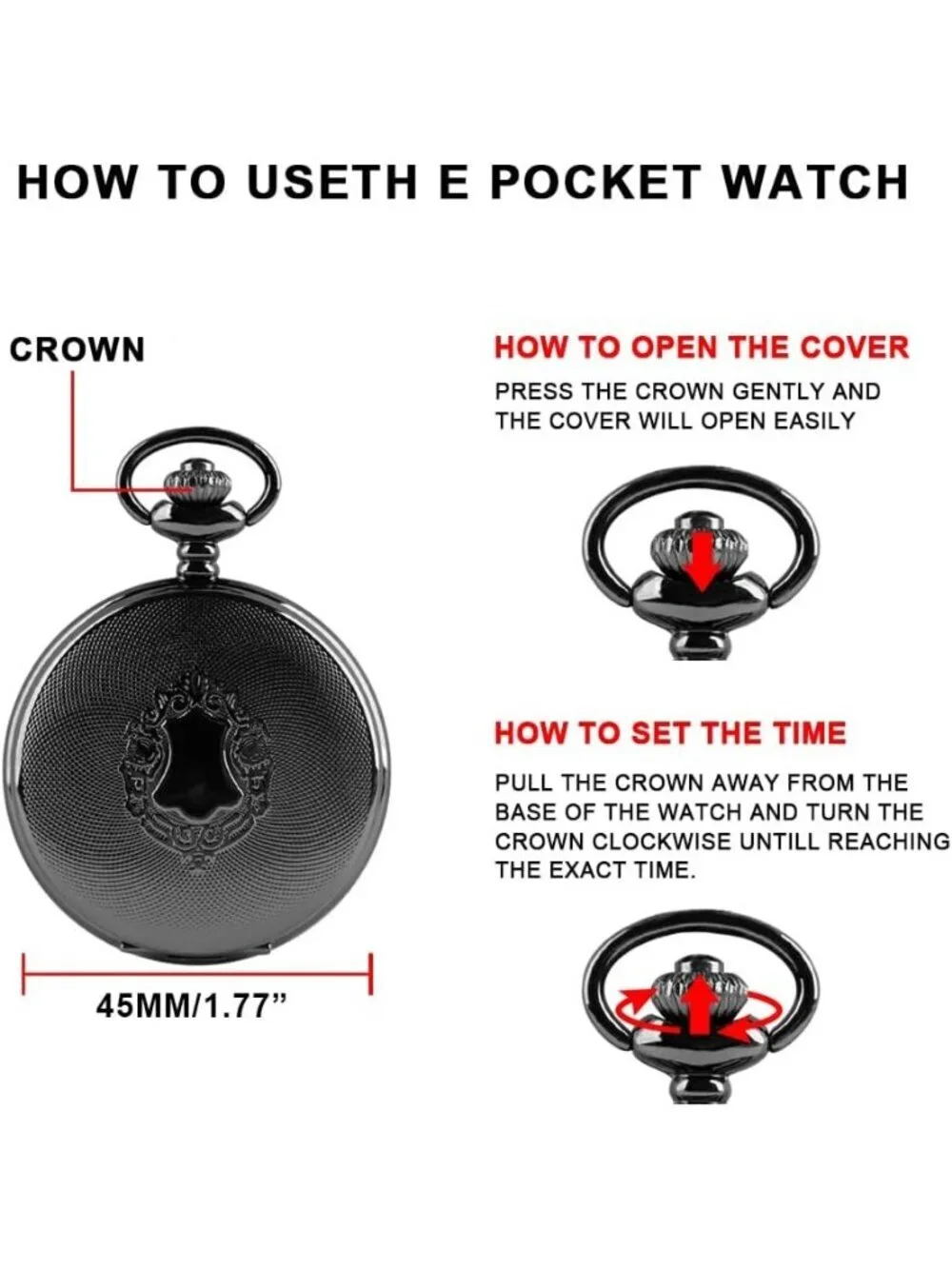 Men's All Black Analog Quartz Flower Arabic Numerals Movement Chain Pocket Watch